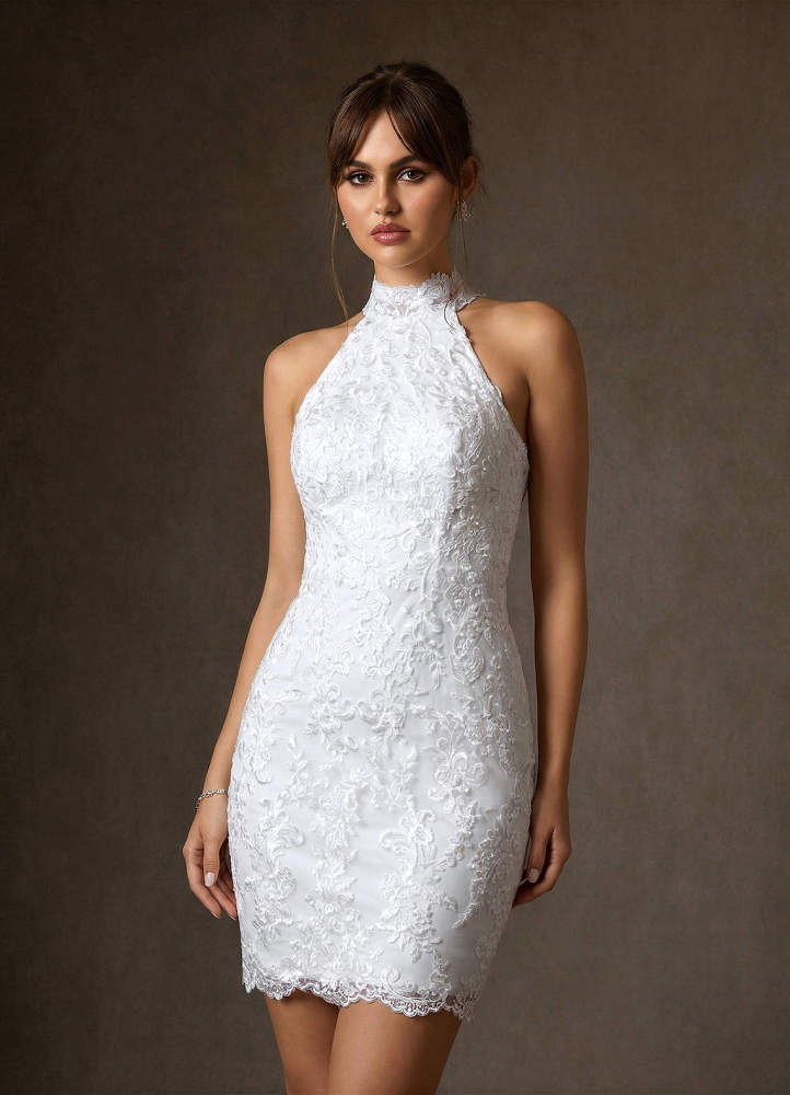 elyessen Eden Diamond White Sheath High Neck Lace Dress