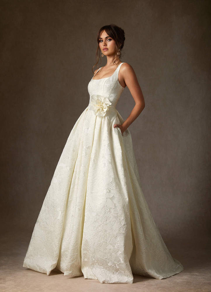 elyessen Ruby Antique White Ball-Gown with Pockets Floral Jacquard Dress