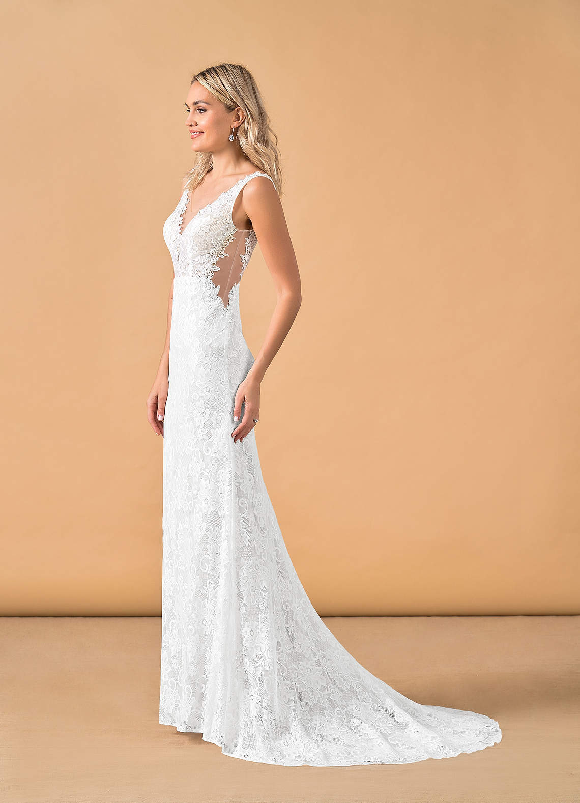 elyessen Gracen Diamond White Champagne Mermaid V-Neck Lace Tulle Dress