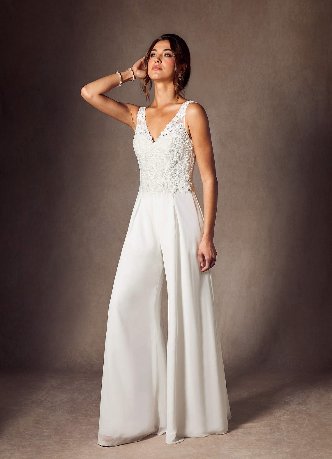 elyessen Florine Diamond White Pant Styles V-Neck Lace Chiffon Dress