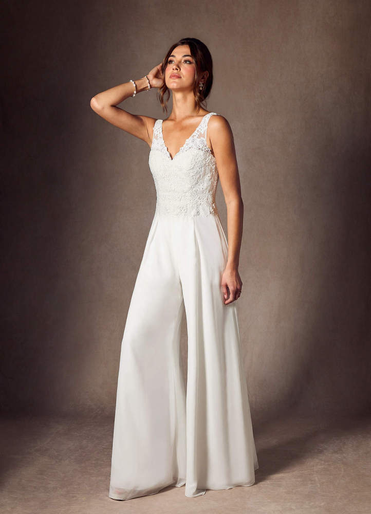 elyessen Florine Diamond White Pant Styles V-Neck Lace Chiffon Dress