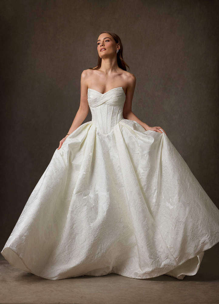 elyessen Genevieve Diamond White Ball-Gown Strapless Floral Jacquard Dress