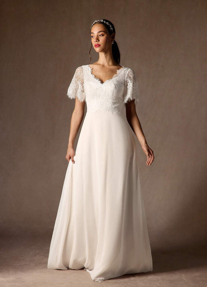 elyessen Veradis Diamond White A-Line V-Neck lace Chiffon Dress