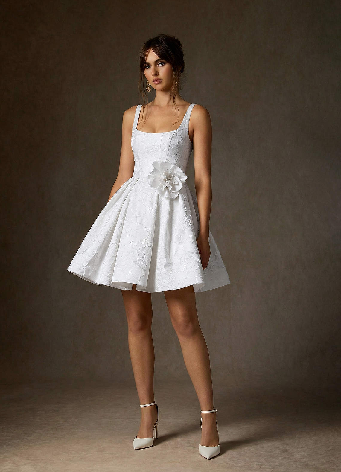 elyessen Ruby Diamond White A-Line with Pockets Floral Jacquard Dress