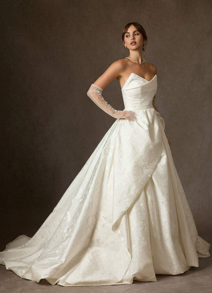 elyessen Allira Antique White Ball-Gown Strapless Floral Jacquard Dress
