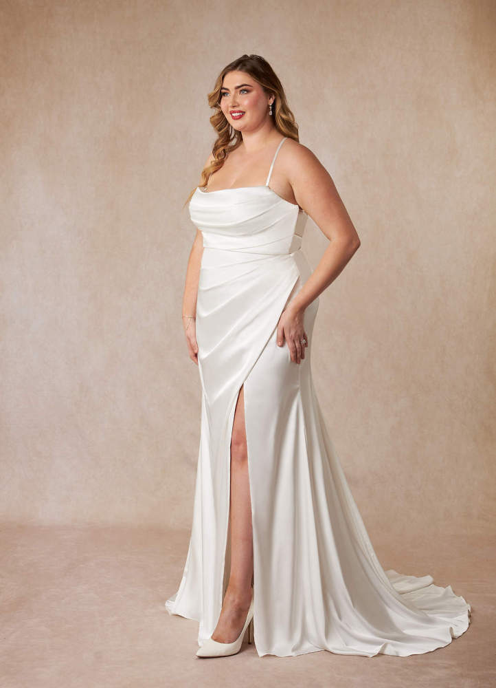 elyessen Kierra Stretch Diamond White Mermaid Pleated Stretch Satin Dress
