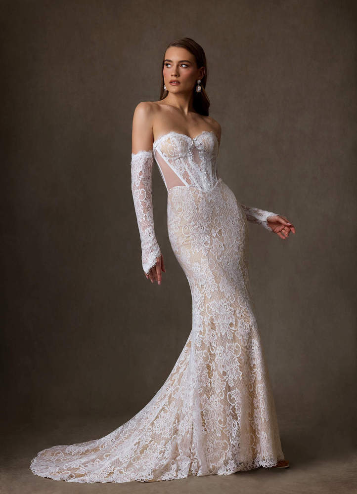 elyessen Diamond White Sheath Strapless Lace Dress