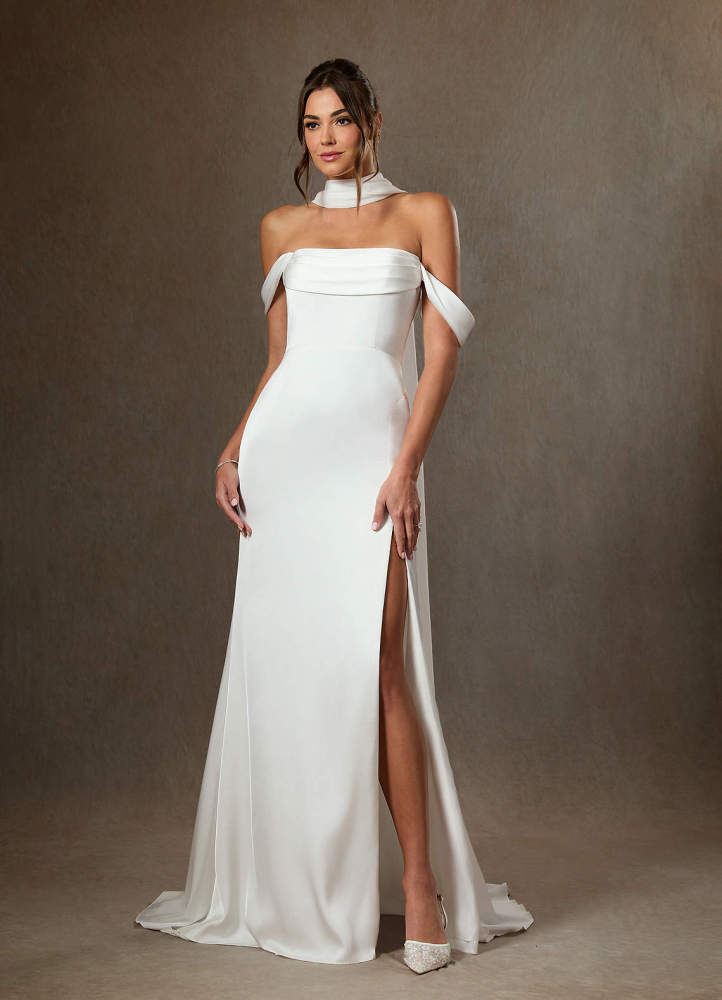 elyessen Blithe Stretch Diamond White Sheath Side Slit Stretch Satin Dress