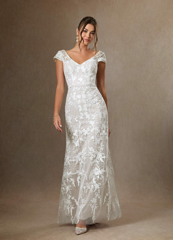 elyessen Devonna Diamond White Sheath V-Neck Sequins Lace Dress