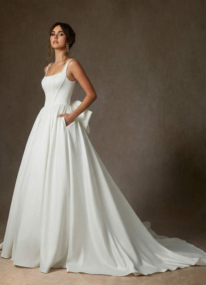 elyessen Cyanne Stretch Diamond White Ball-Gown with Pockets Stretch Satin Dress