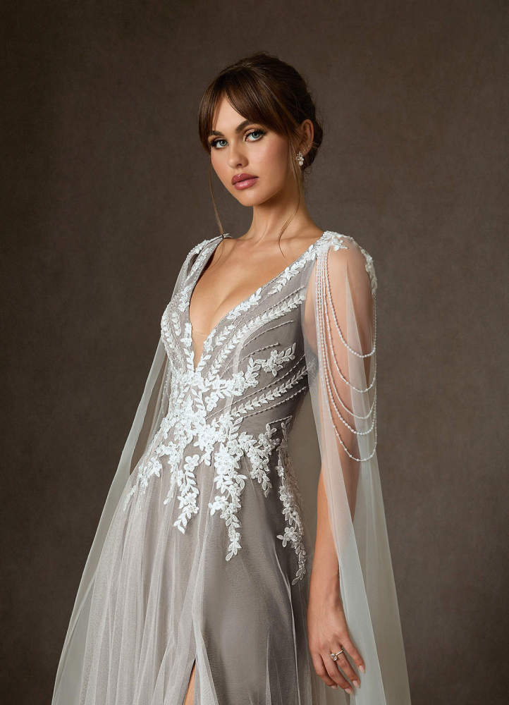 elyessen Goddess Two-Piece Diamond White A-Line V-Neck Sequins Tulle Dress