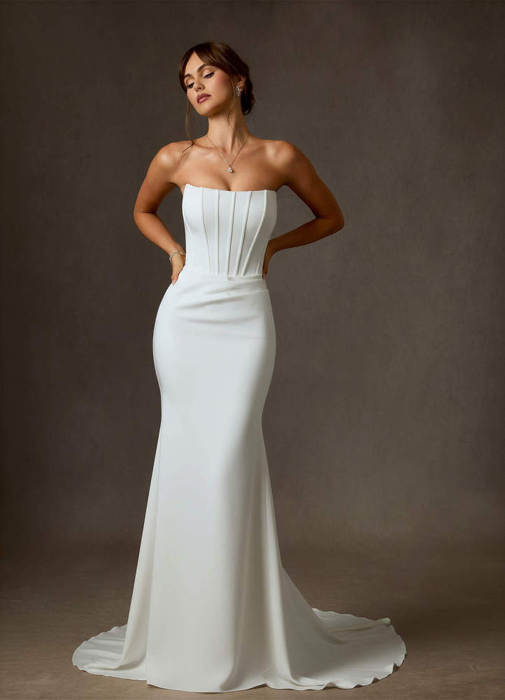 elyessen Grace Diamond White Mermaid Off the Shoulder Crepe Back Satin Dress