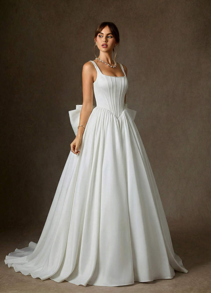 elyessen Cyanne Stretch Diamond White Ball-Gown with Pockets Stretch Satin Dress