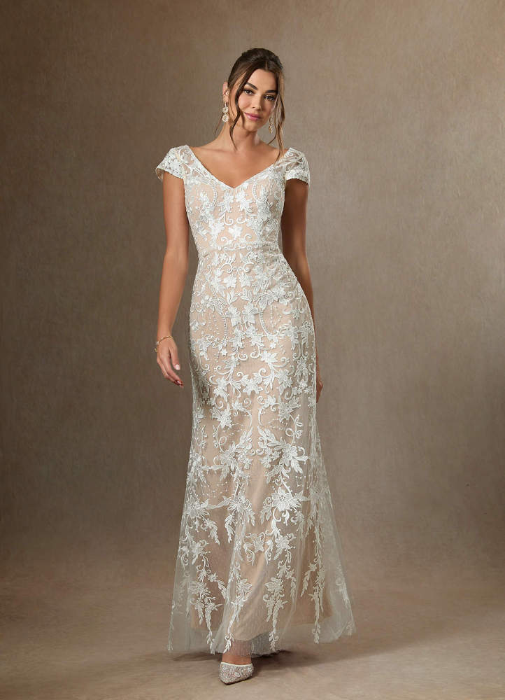 elyessen Devonna Diamond White Sheath V-Neck Sequins Lace Dress