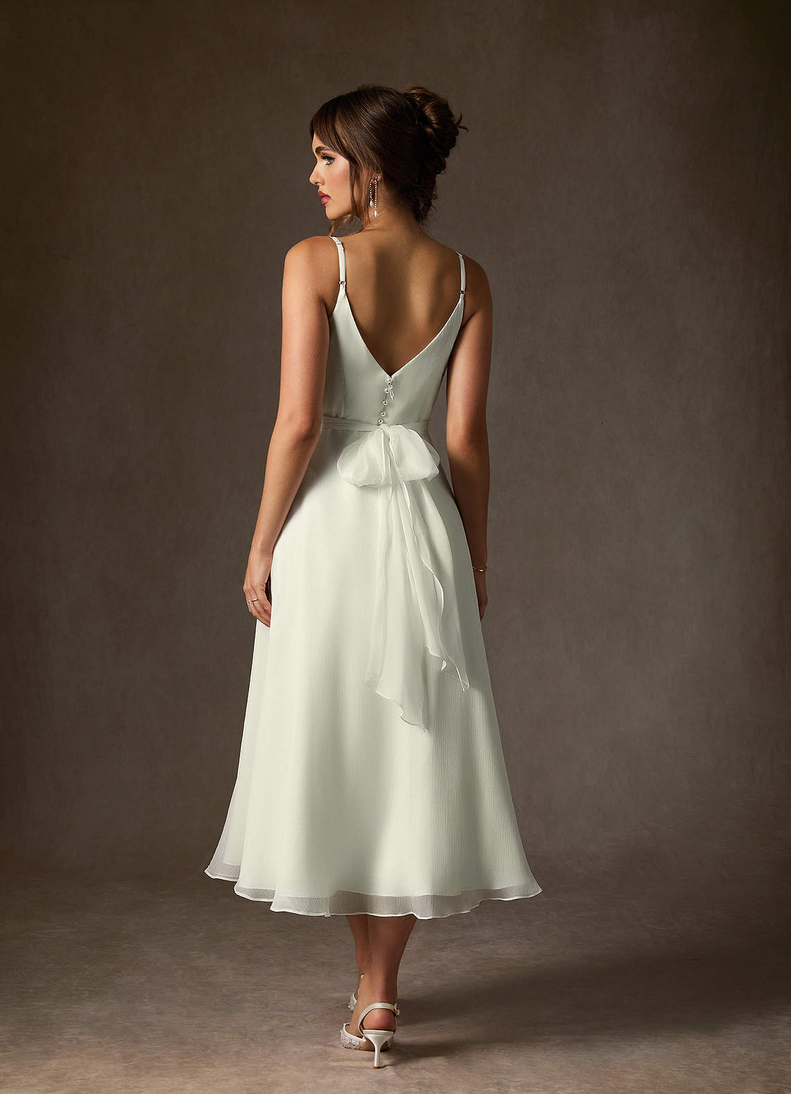 elyessen Kali Diamond White A-Line V-Neck Pleated Crinkle Chiffon Dress