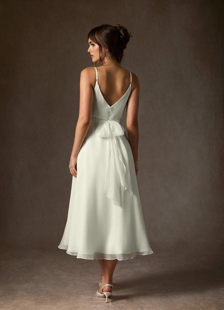 elyessen Kali Diamond White A-Line V-Neck Pleated Crinkle Chiffon Dress