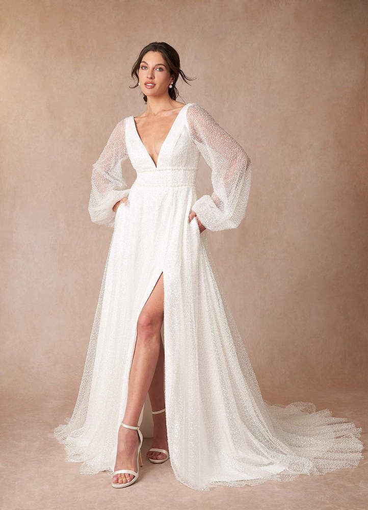 elyessen Gaia Stretch Diamond White A-Line V-Neck Beading Dress