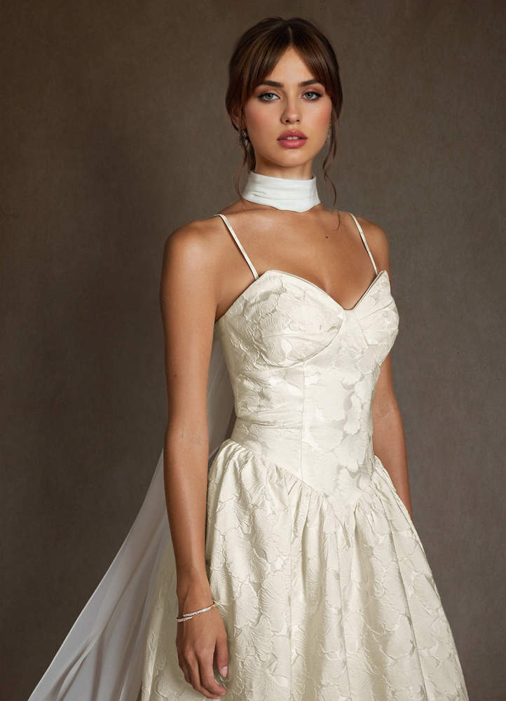 elyessen Devam Cream A-Line Strapless Floral Jacquard Dress
