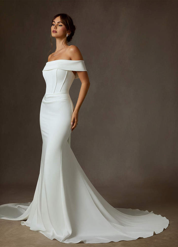 elyessen Grace Diamond White Mermaid Off the Shoulder Crepe Back Satin Dress