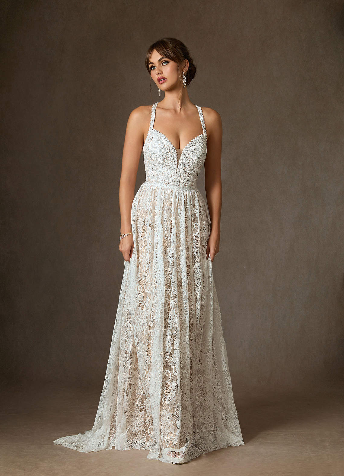 elyessen  Diamond White Champagne A-Line Lace Dress