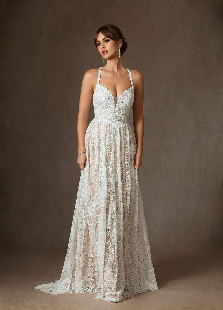 elyessen  Diamond White Champagne A-Line Lace Dress