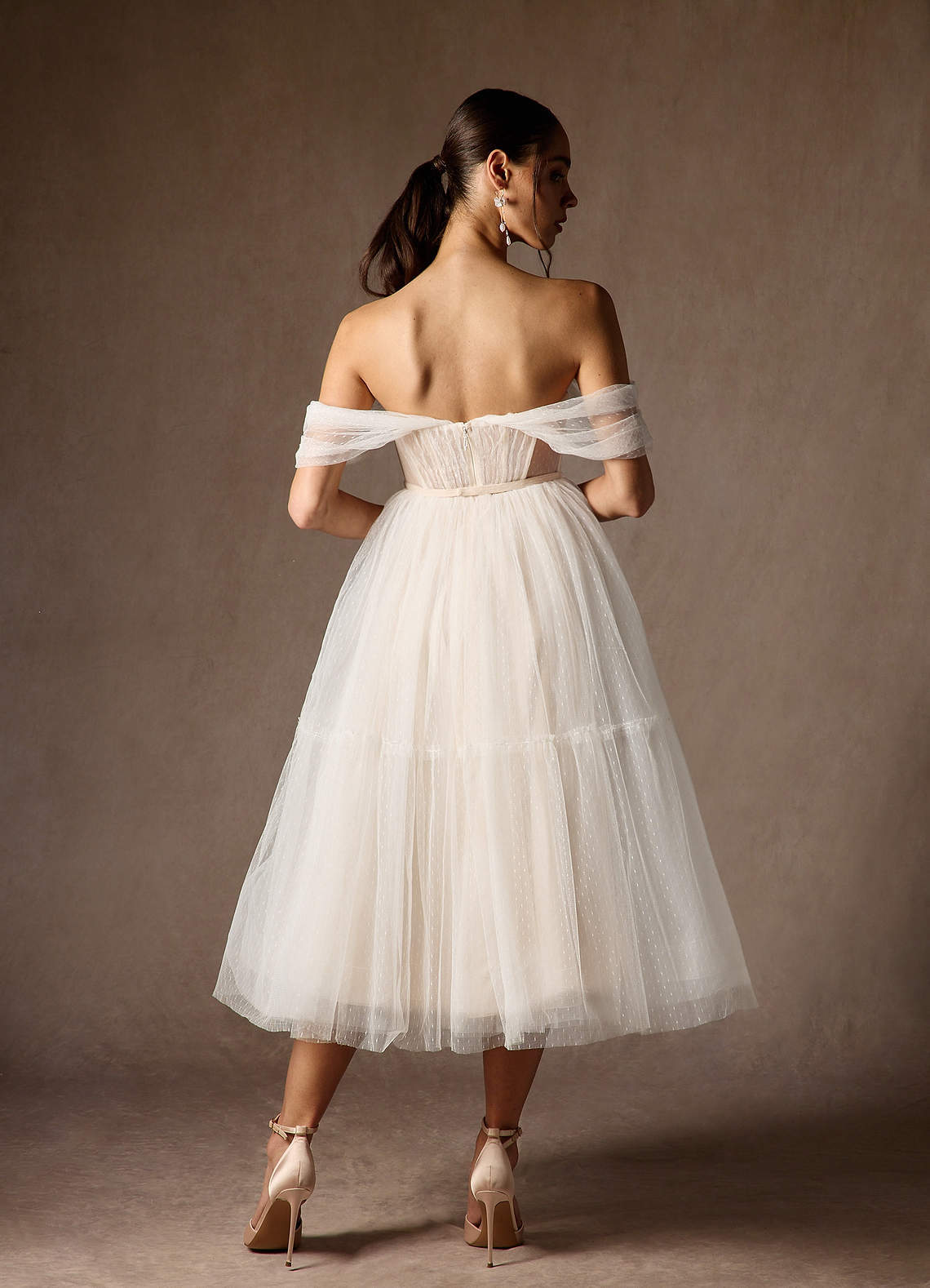 elyessen Vienna Diamond White Champagne A-Line Off-The-Shouler Tulle Dress