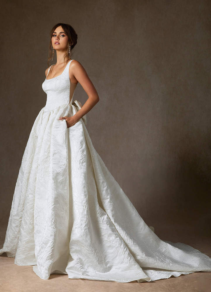 elyessen  Diamond White Ball-Gown with Pockets Floral Jacquard Dress
