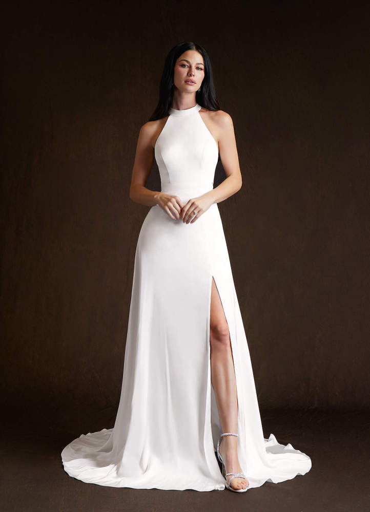 elyessen Sian Stretch Diamond White A-Line Side Slit Stretch Satin Dress