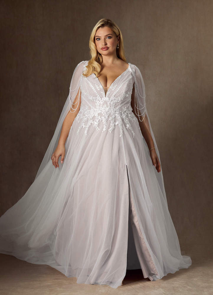 elyessen Goddess Two-Piece Diamond White A-Line V-Neck Sequins Tulle Dress