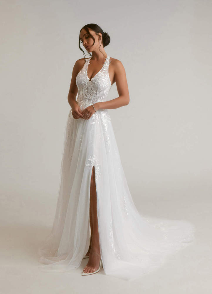 elyessen Dysis Diamond White A-Line Halter Sequins Tulle Dress
