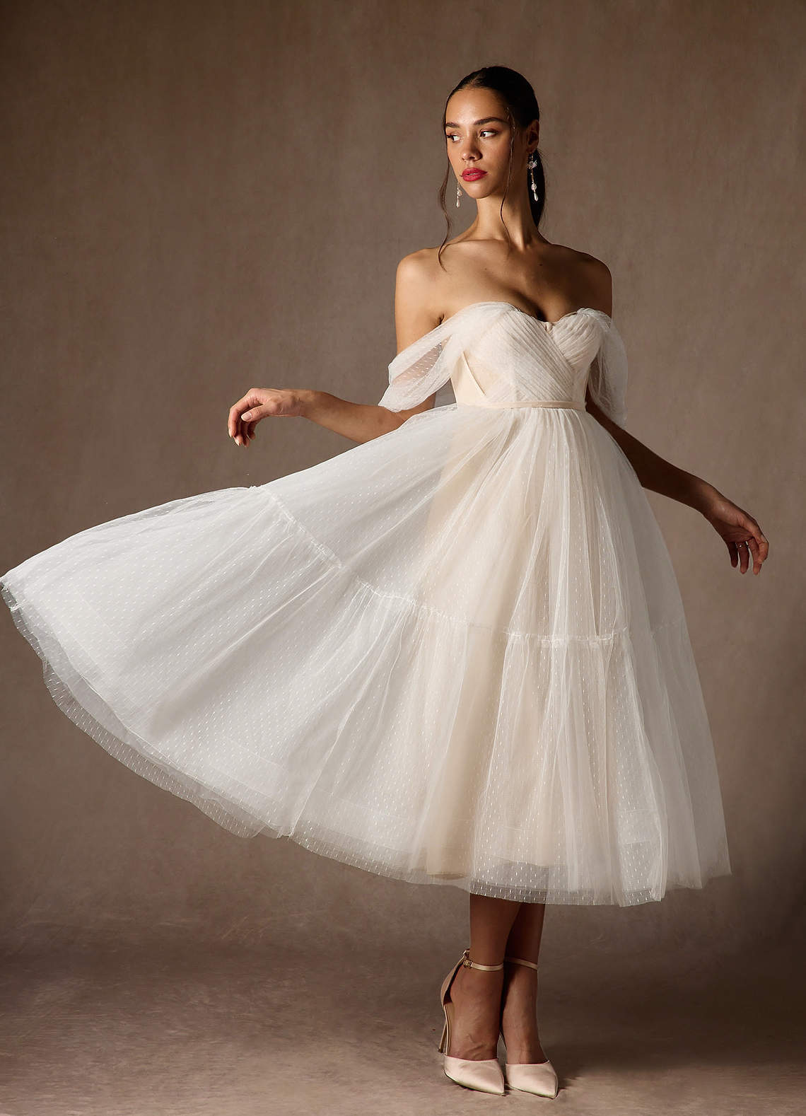 elyessen Vienna Diamond White Champagne A-Line Off-The-Shouler Tulle Dress