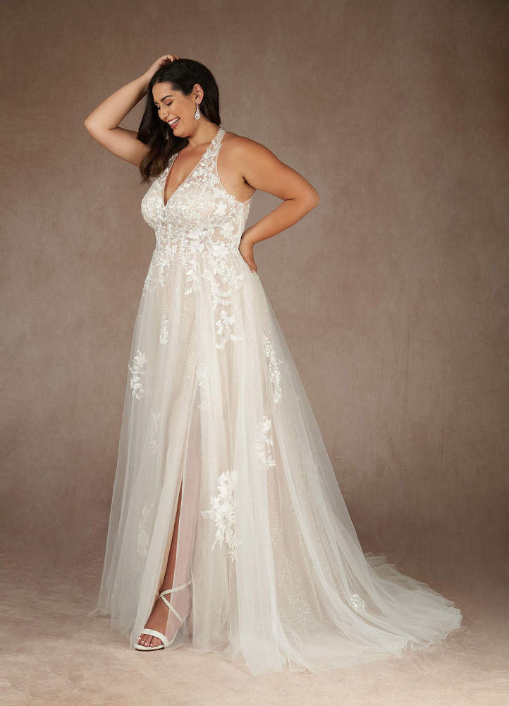 elyessen  Diamond White A-Line Halter Sequins Tulle Dress