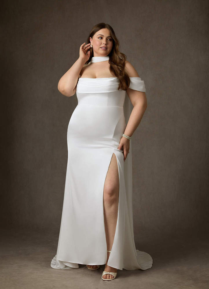 elyessen  Stretch Diamond White Sheath Side Slit Stretch Satin Dress