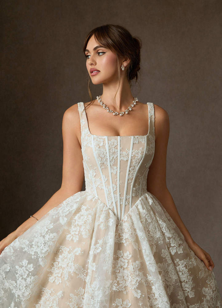 elyessen Geneva Diamond White Ball-Gown Square Neckline Lace Dress