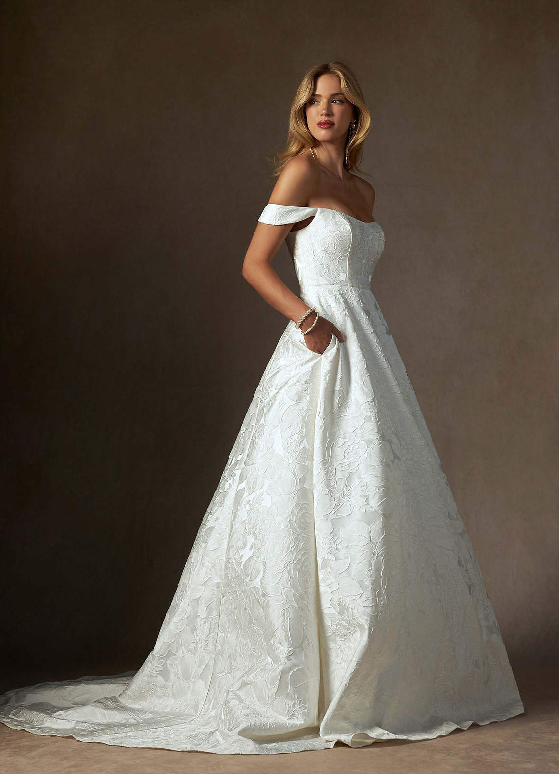 elyessen Diamond White Ball-Gown Strapless Floral Jacquard Dress