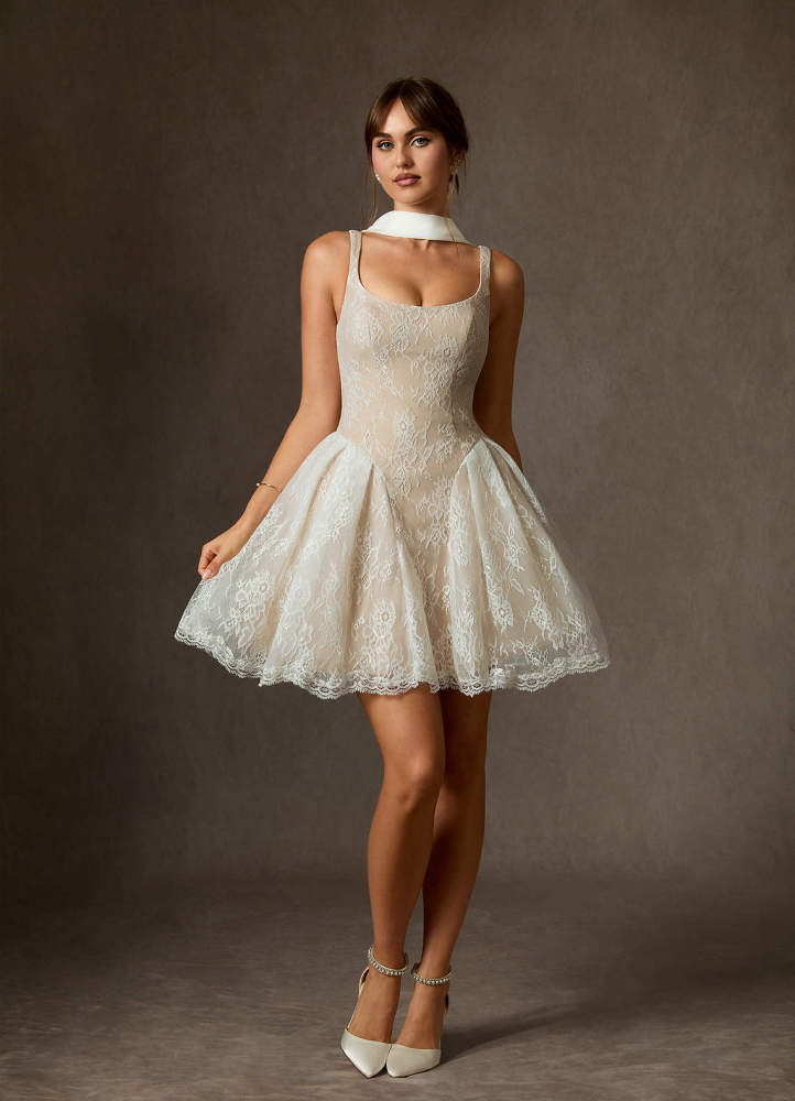 elyessen Dawn Two-Piece Diamond White A-Line Lace Dress