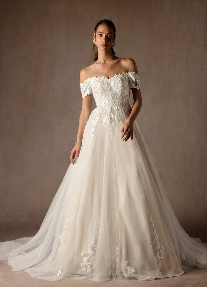 elyessen  Diamond White Ball-Gown Off the Shoulder Tulle Dress