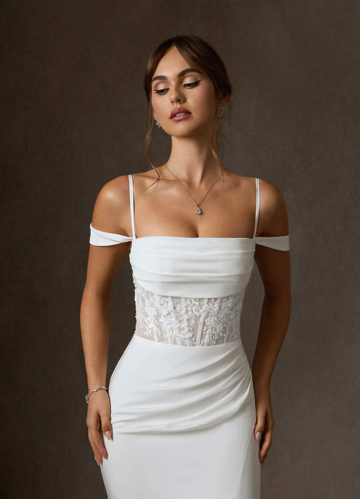 elyessen Alyce Diamond White Mermaid Off the Shoulder Crepe Back Satin Dress