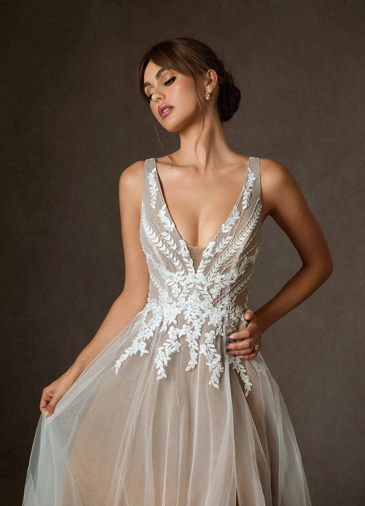 elyessen Goddess Two-Piece Diamond White A-Line V-Neck Sequins Tulle Dress