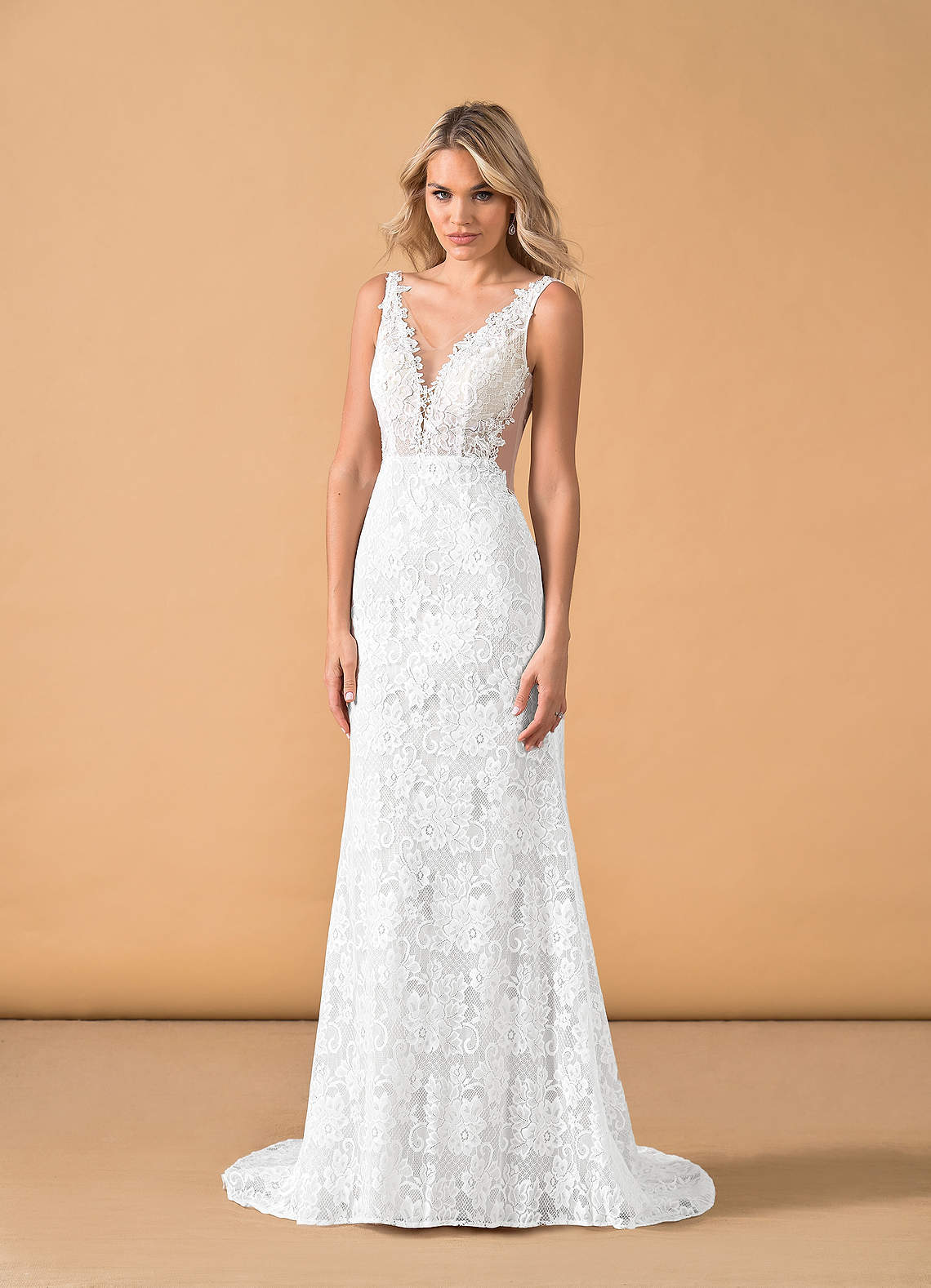 elyessen Gracen Diamond White Champagne Mermaid V-Neck Lace Tulle Dress