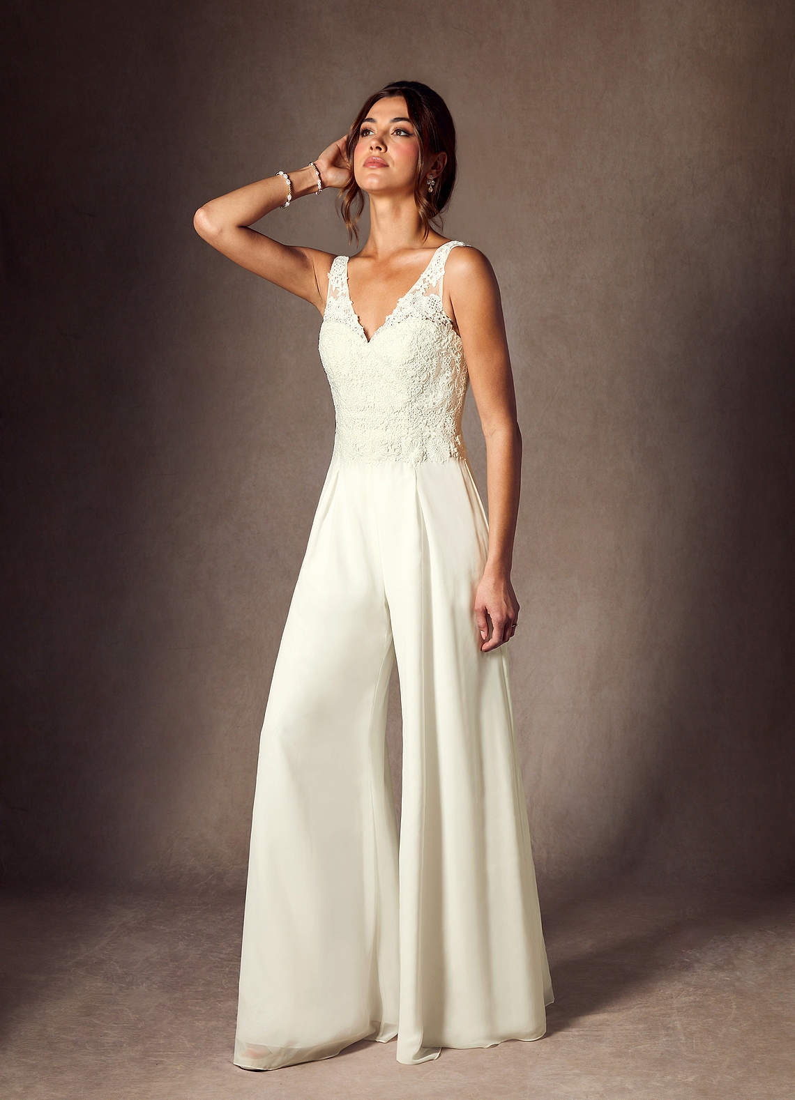 elyessen Florine Diamond White Pant Styles V-Neck Lace Chiffon Dress
