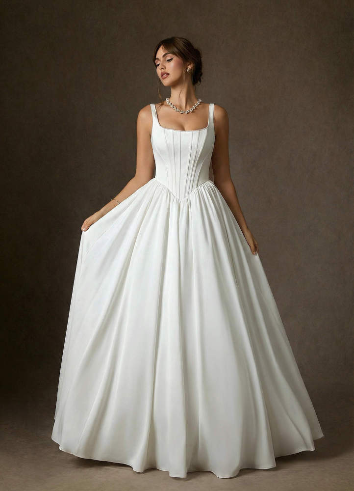 elyessen Cyanne Stretch Diamond White Ball-Gown with Pockets Stretch Satin Dress