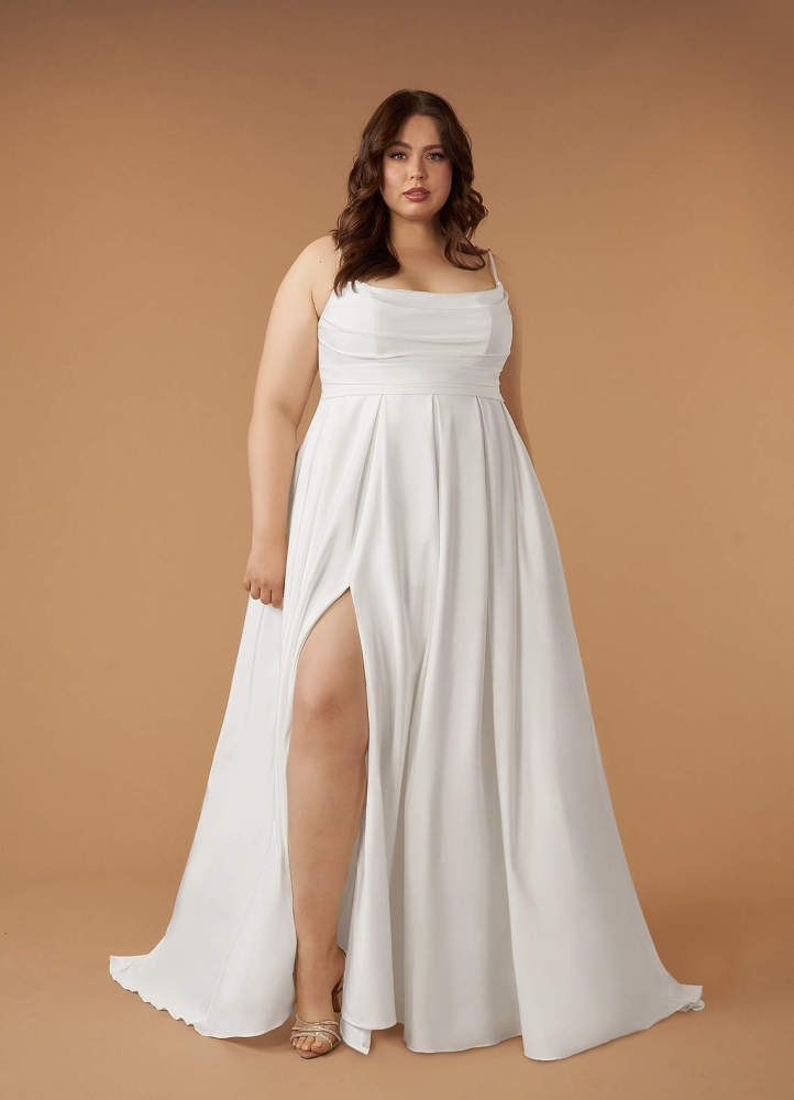 elyessen Caymus Diamond White A-Line Scoop Pleated Crepe Back Satin Dress