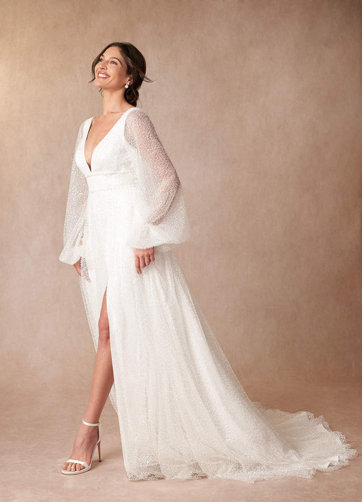 elyessen Gaia Stretch Diamond White A-Line V-Neck Beading Dress