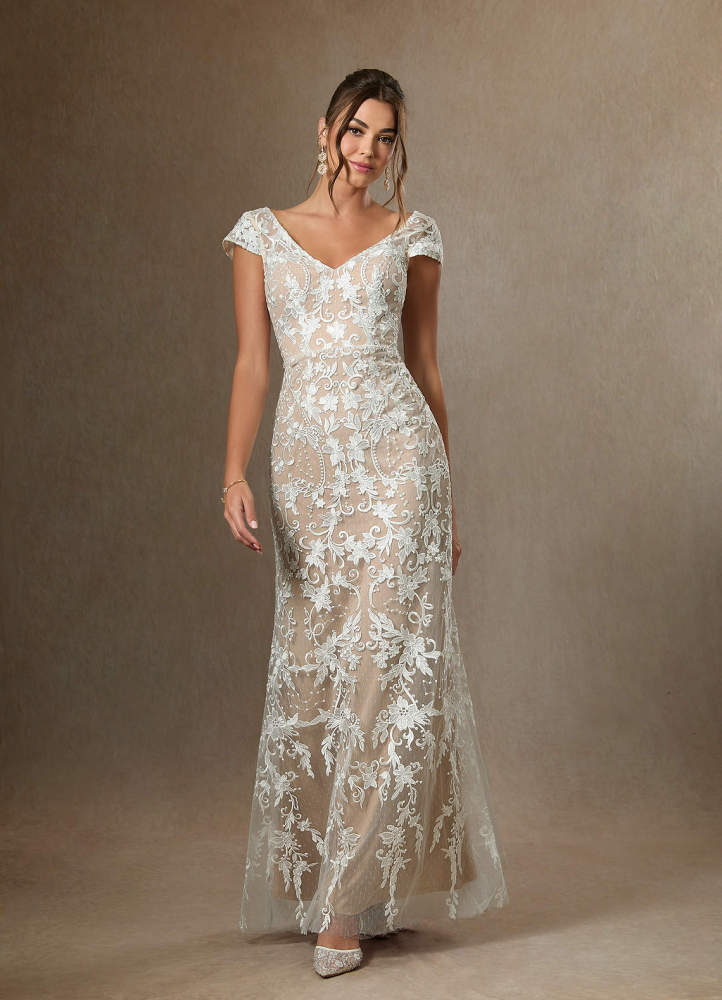 elyessen Diamond White Sheath V-Neck Sequins Lace Dress