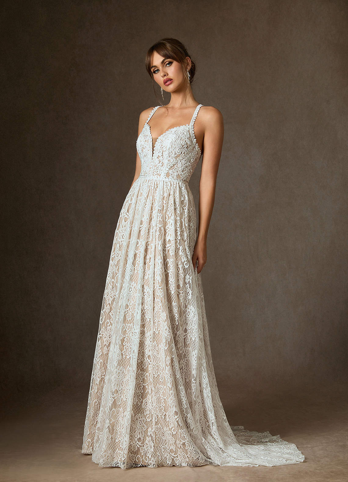 elyessen  Diamond White Champagne A-Line Lace Dress
