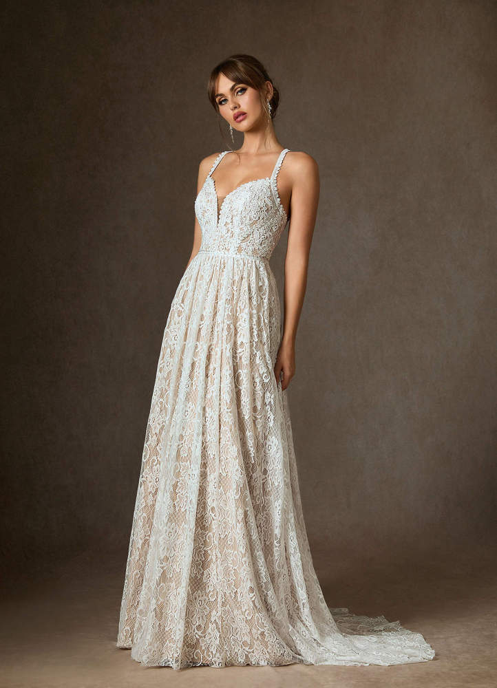 elyessen  Diamond White Champagne A-Line Lace Dress