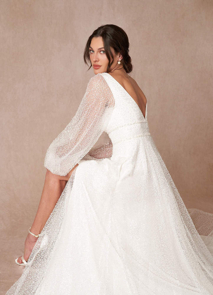 elyessen Gaia Stretch Diamond White A-Line V-Neck Beading Dress