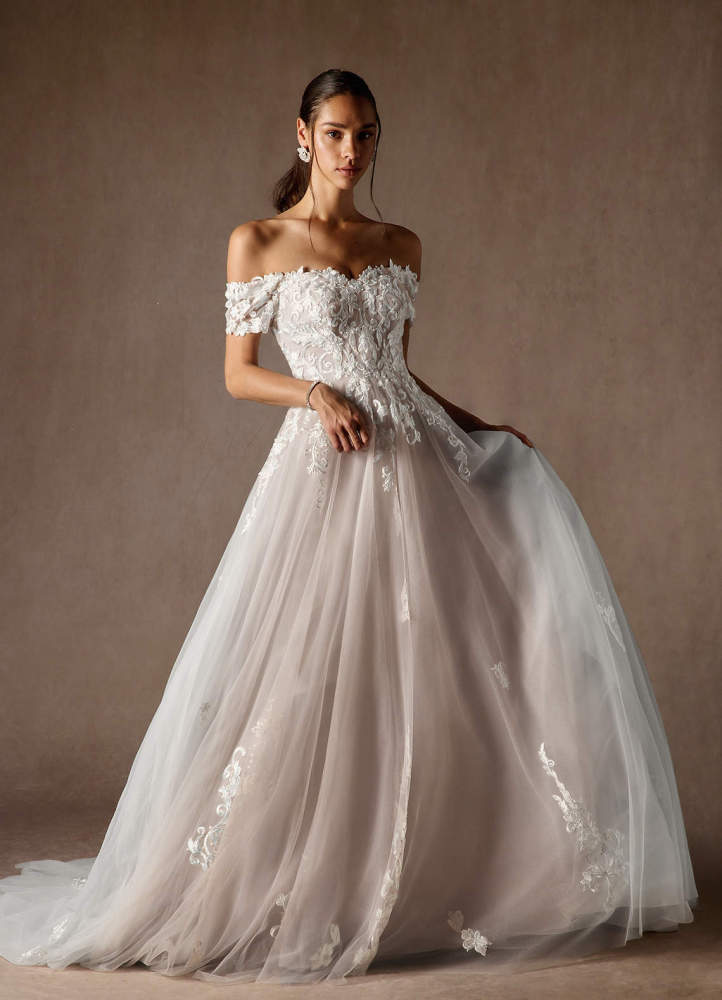 elyessen  Diamond White Ball-Gown Off the Shoulder Tulle Dress