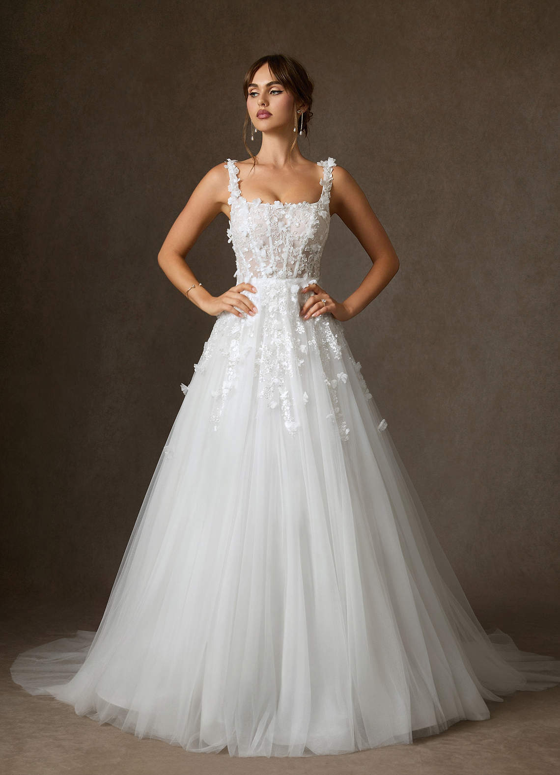 elyessen Sabine Diamond White Ball-Gown Square Neckline Lace Dress